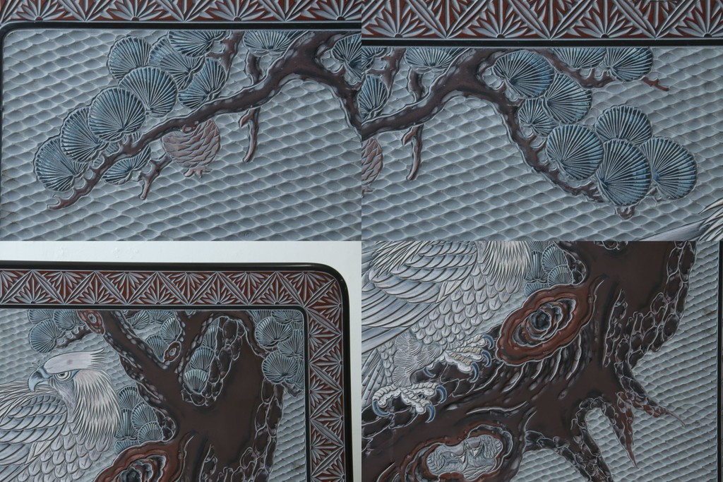 中古　美品　在銘　彫漆風レリーフ(孔雀と牡丹、松に鷹の図)が美しい衝立て　定価推定50万円　(R-087446)