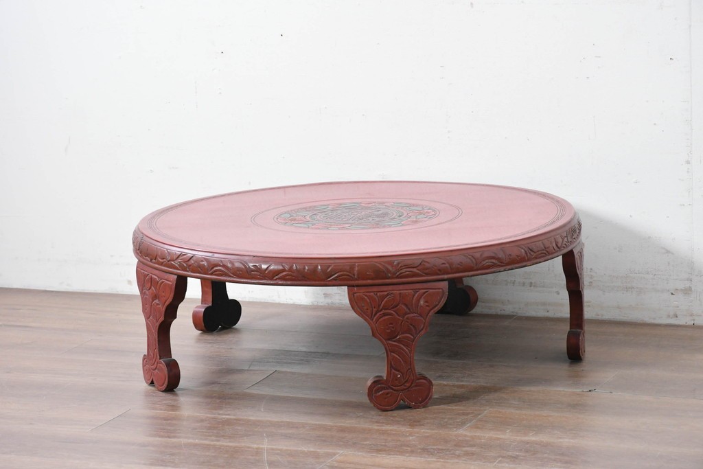 和製アンティーク　「福寿」　椿図の彫刻が可愛らしい朱塗りの円卓　(R-087447)