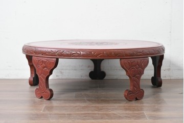 和製アンティーク　「福寿」　椿図の彫刻が可愛らしい朱塗りの円卓　(R-087447)