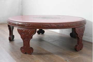 和製アンティーク　「福寿」　椿図の彫刻が可愛らしい朱塗りの円卓　(R-087447)