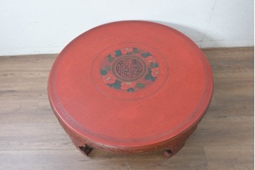 和製アンティーク　「福寿」　椿図の彫刻が可愛らしい朱塗りの円卓　(R-087447)