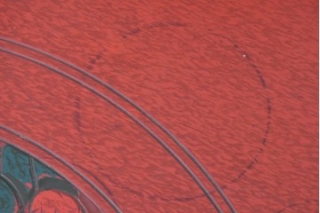 和製アンティーク　「福寿」　椿図の彫刻が可愛らしい朱塗りの円卓　(R-087447)