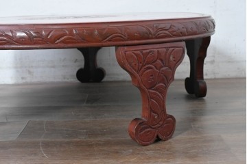 和製アンティーク　「福寿」　椿図の彫刻が可愛らしい朱塗りの円卓　(R-087447)