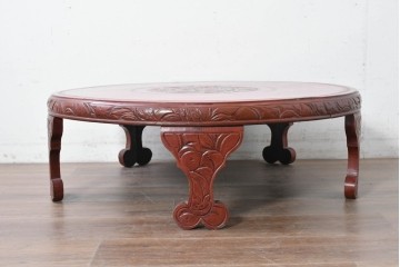 和製アンティーク　「福寿」　椿図の彫刻が可愛らしい朱塗りの円卓　(R-087447)