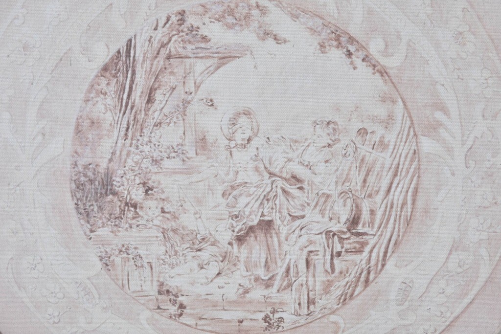 中古　美品　サラグレース(Sarah Grace)取り扱い　フランスCoquecigrues(コクシグル)社　トワルドジュイ柄が描かれたアンティーク調のパーテーション　定価約11万円　(R-087448)