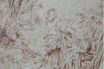 中古　美品　サラグレース(Sarah Grace)取り扱い　フランスCoquecigrues(コクシグル)社　トワルドジュイ柄が描かれたアンティーク調のパーテーション　定価約11万円　(R-087448)