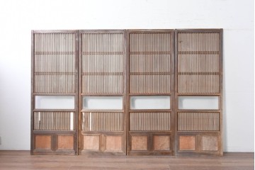 アンティーク建具　昭和初期　裏障子付き　すっきりとした細身の桟が美しい幅狭格子戸4枚セット　(R-087461)