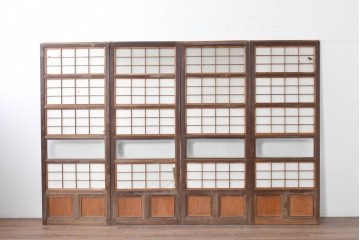 アンティーク建具　昭和初期　裏障子付き　すっきりとした細身の桟が美しい幅狭格子戸4枚セット　(R-087461)