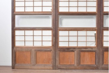 アンティーク建具　昭和初期　裏障子付き　すっきりとした細身の桟が美しい幅狭格子戸4枚セット　(R-087461)