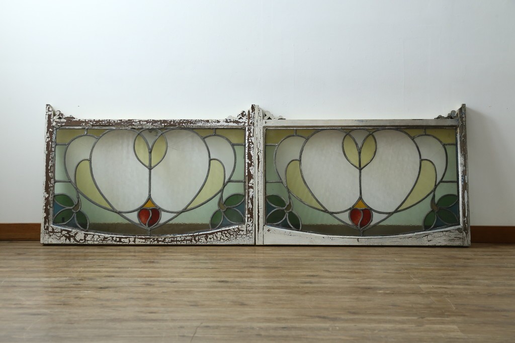 アンティーク建具　希少!!　大正ロマンの趣漂う洋館のステンドグラス入り窓　(R-087483)