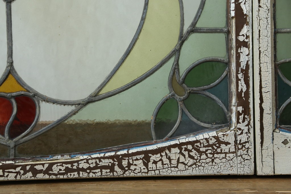 アンティーク建具　希少!!　大正ロマンの趣漂う洋館のステンドグラス入り窓　(R-087483)
