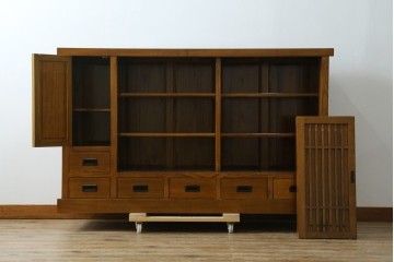 中古　美品　タモ材　格子戸の水屋箪笥サイドボード　(R-087498)