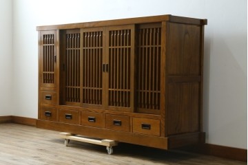 中古　美品　タモ材　格子戸の水屋箪笥サイドボード　(R-087498)