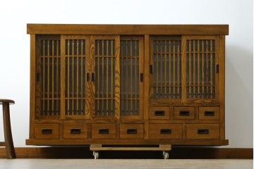 中古　美品　タモ材　格子戸の水屋箪笥サイドボード　(R-087499)