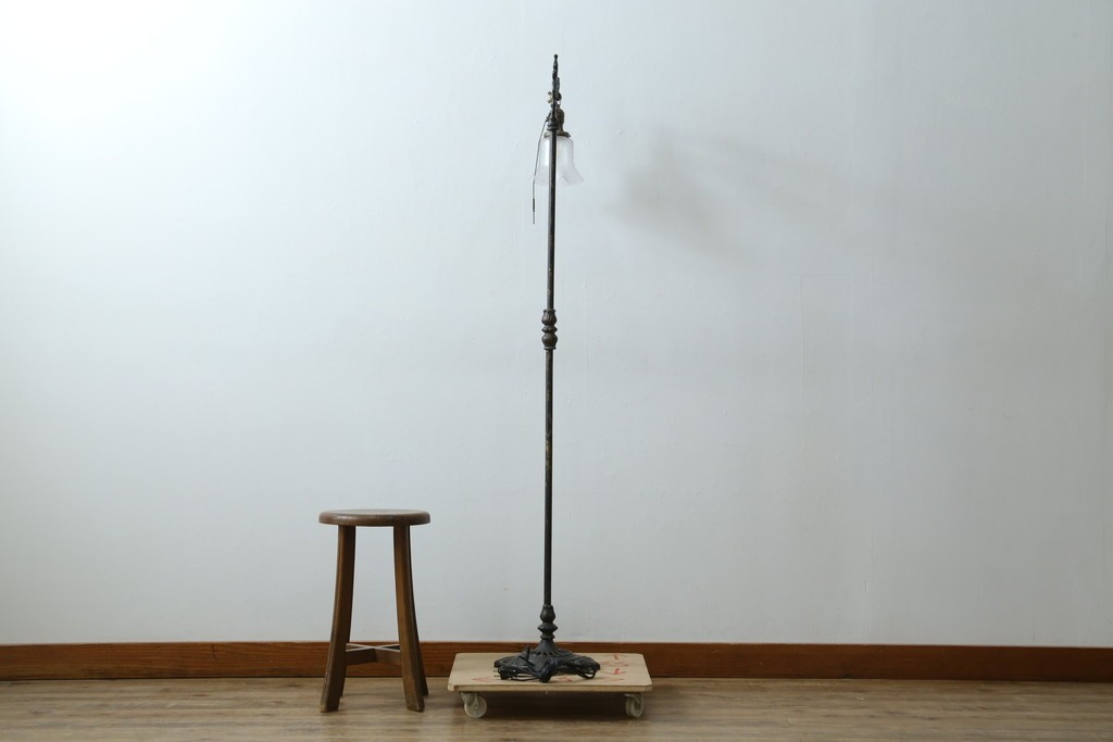 フランスアンティーク　アイアンフレームの透かし細工とガラスシェードの繊細な模様が美しいフロアスタンド　(R-087508)