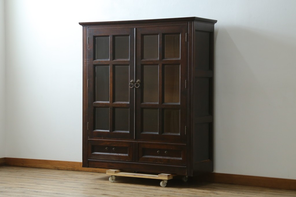 和製ヴィンテージ　松本民芸家具　落ち着いた格子ガラスが魅力のA型面取書棚　(R-087511)