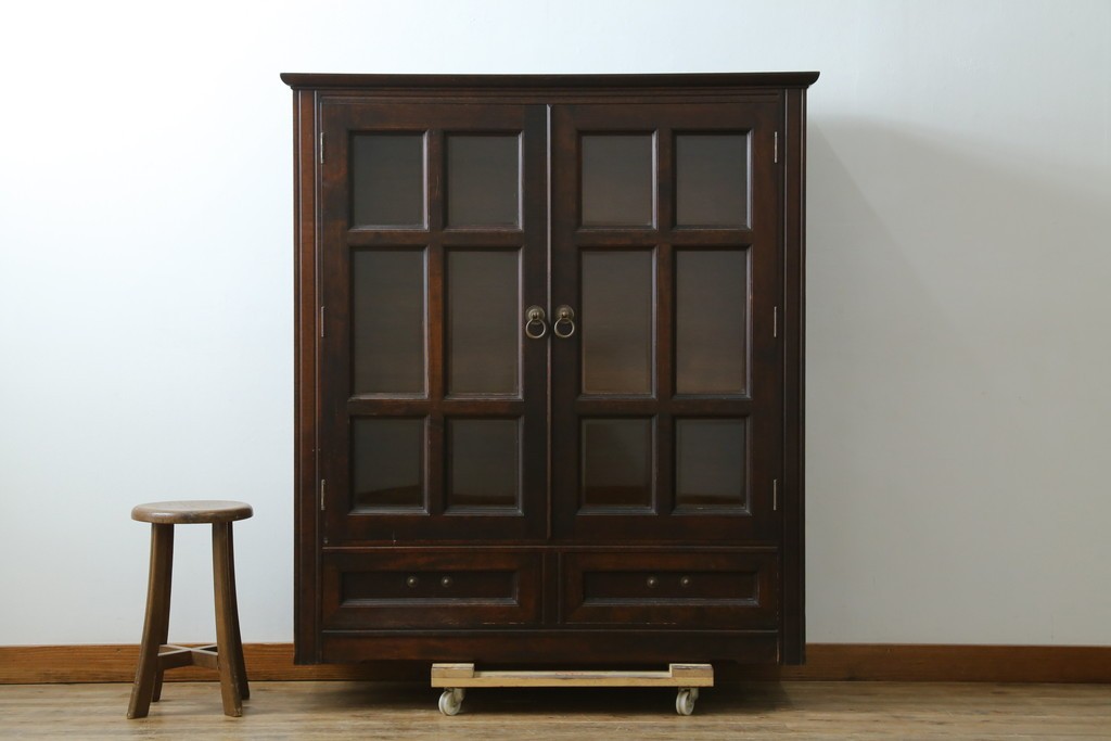 和製ヴィンテージ　松本民芸家具　落ち着いた格子ガラスが魅力のA型面取書棚　(R-087511)