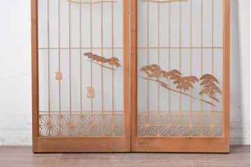 ヴィンテージ建具　昭和中期　両面ガラス　富士や松の彫刻をあしらった組子入り書院戸2枚セット　(R-087514)
