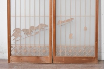 ヴィンテージ建具　昭和中期　両面ガラス　富士や松の彫刻をあしらった組子入り書院戸2枚セット　(R-087514)