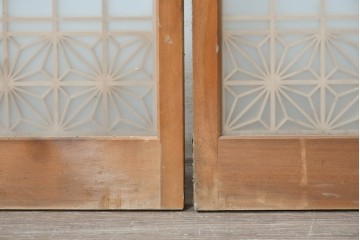 ヴィンテージ建具　昭和中期　両面ガラス　富士や松の彫刻をあしらった組子入り書院戸2枚セット　(R-087514)