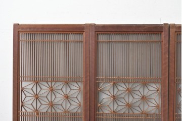 アンティーク建具　昭和初期　片面ガラス　落ち着いた木色に麻の葉模様の組子が美しい書院戸4枚セット　(R-087515)