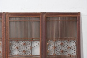 アンティーク建具　昭和初期　片面ガラス　落ち着いた木色に麻の葉模様の組子が美しい書院戸4枚セット　(R-087515)