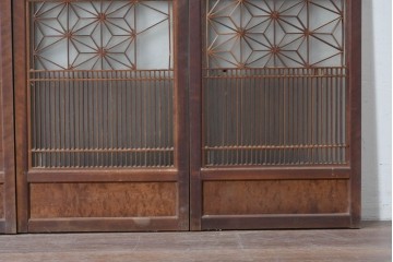 アンティーク建具　昭和初期　片面ガラス　落ち着いた木色に麻の葉模様の組子が美しい書院戸4枚セット　(R-087515)