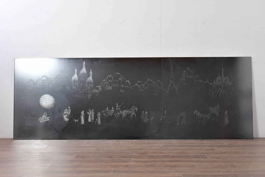 現代アート　在銘　R.Akiyama(秋山亮太)作　クラシカルなパリの街並みを描いた特大ガラスパネルアート　(R-087552)