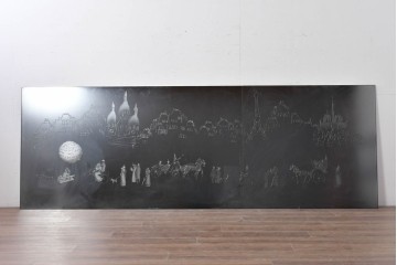 現代アート　在銘　R.Akiyama(秋山亮太)作　クラシカルなパリの街並みを描いた特大ガラスパネルアート　(R-087552)