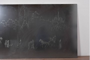 現代アート　在銘　R.Akiyama(秋山亮太)作　クラシカルなパリの街並みを描いた特大ガラスパネルアート　(R-087552)