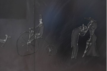 現代アート　在銘　R.Akiyama(秋山亮太)作　クラシカルなパリの街並みを描いた特大ガラスパネルアート　(R-087552)