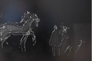 現代アート　在銘　R.Akiyama(秋山亮太)作　クラシカルなパリの街並みを描いた特大ガラスパネルアート　(R-087552)