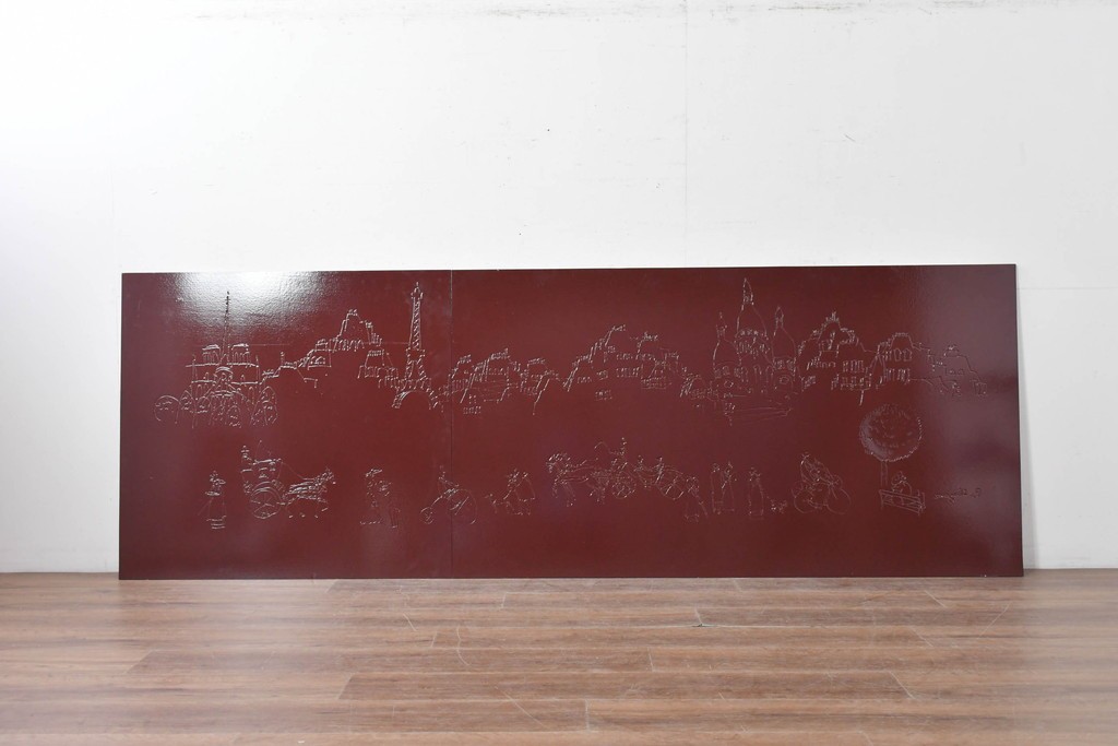 現代アート　在銘　R.Akiyama(秋山亮太)作　クラシカルなパリの街並みを描いた特大ガラスパネルアート　(R-087552)