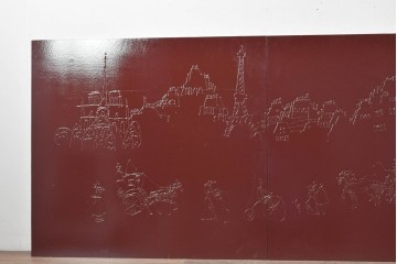 現代アート　在銘　R.Akiyama(秋山亮太)作　クラシカルなパリの街並みを描いた特大ガラスパネルアート　(R-087552)