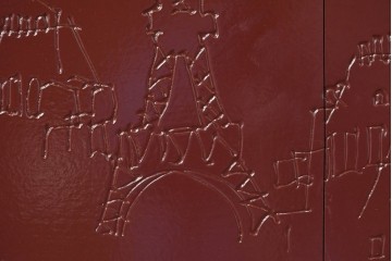 現代アート　在銘　R.Akiyama(秋山亮太)作　クラシカルなパリの街並みを描いた特大ガラスパネルアート　(R-087552)
