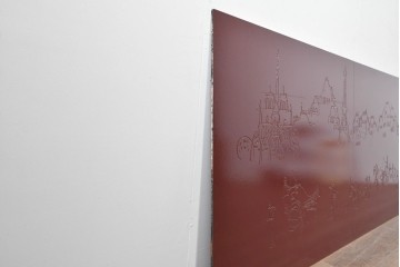 現代アート　在銘　R.Akiyama(秋山亮太)作　クラシカルなパリの街並みを描いた特大ガラスパネルアート　(R-087552)