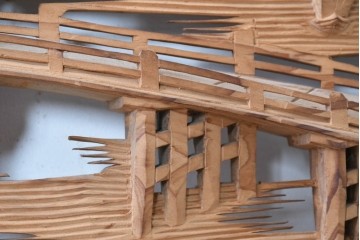 ヴィンテージ建具　昭和中期　橋と松の風景彫刻が美しい欄間2枚セット　(R-087558)