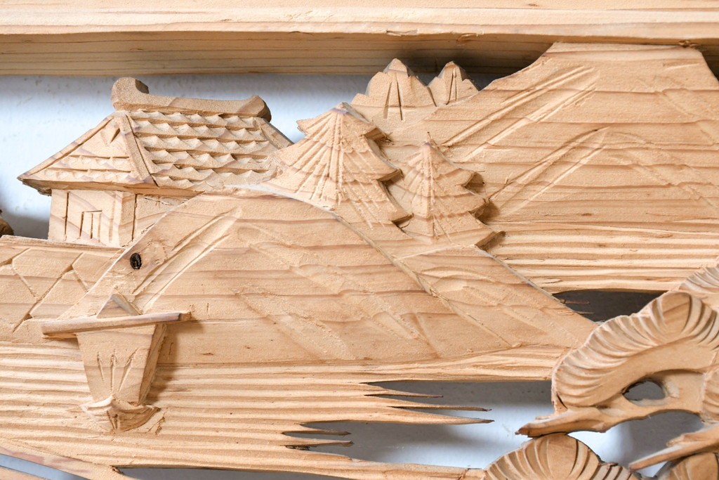 ヴィンテージ建具　昭和中期　橋と松の風景彫刻が美しい欄間2枚セット　(R-087558)