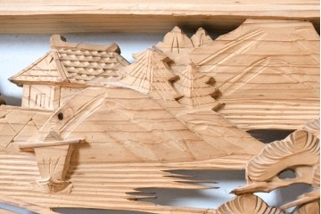 ヴィンテージ建具　昭和中期　橋と松の風景彫刻が美しい欄間2枚セット　(R-087558)