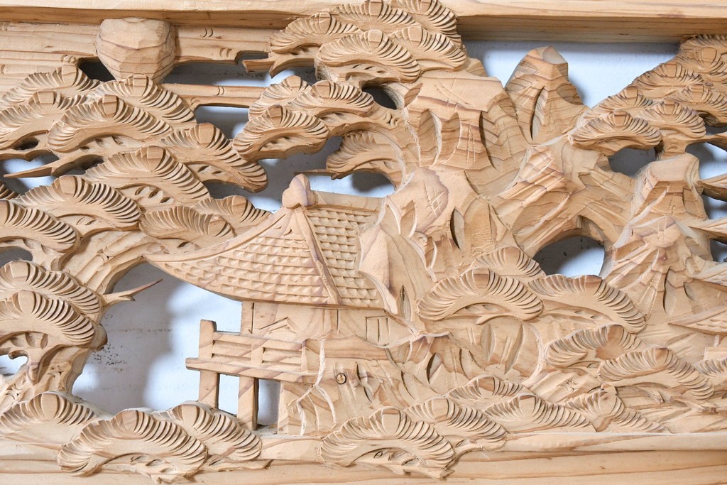 ヴィンテージ建具　昭和中期　橋と松の風景彫刻が美しい欄間2枚セット　(R-087558)