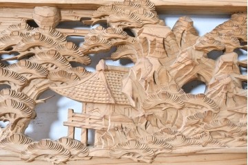 ヴィンテージ建具　昭和中期　橋と松の風景彫刻が美しい欄間2枚セット　(R-087558)