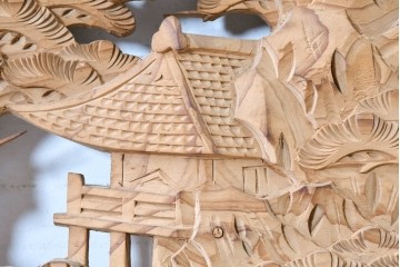 ヴィンテージ建具　昭和中期　橋と松の風景彫刻が美しい欄間2枚セット　(R-087558)