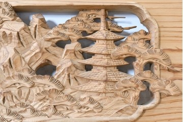 ヴィンテージ建具　昭和中期　橋と松の風景彫刻が美しい欄間2枚セット　(R-087558)