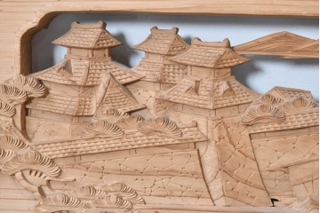 ヴィンテージ建具　昭和中期　橋と松の風景彫刻が美しい欄間2枚セット　(R-087558)