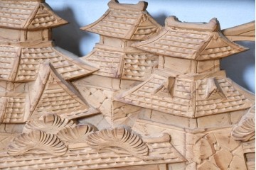 ヴィンテージ建具　昭和中期　橋と松の風景彫刻が美しい欄間2枚セット　(R-087558)