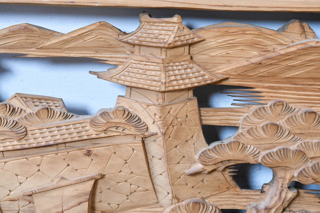 ヴィンテージ建具　昭和中期　橋と松の風景彫刻が美しい欄間2枚セット　(R-087558)