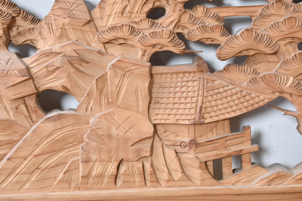 ヴィンテージ建具　昭和中期　橋と松の風景彫刻が美しい欄間2枚セット　(R-087558)