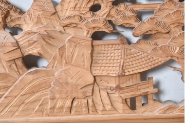 ヴィンテージ建具　昭和中期　橋と松の風景彫刻が美しい欄間2枚セット　(R-087558)