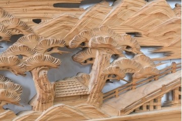 ヴィンテージ建具　昭和中期　橋と松の風景彫刻が美しい欄間2枚セット　(R-087558)