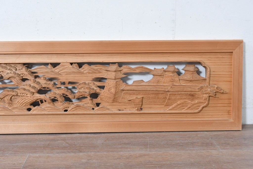 ヴィンテージ建具　昭和中期　橋と松の風景彫刻が美しい欄間2枚セット　(R-087558)